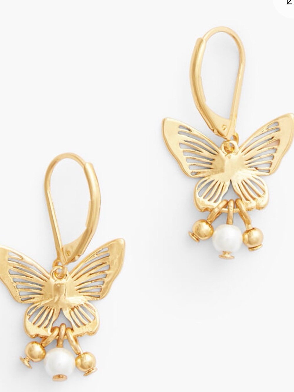 Talbots Gold Butterfly Drop Earrings with Pearl Charm